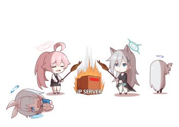 4girls :o animal_ears arona_(blue_archive) black_dress black_skirt blue_archive blue_eyes blue_hair blue_halo blue_serafuku blue_shirt blush burning chibi chibi_only commentary cooking cross_hair_ornament crying crying_with_eyes_open dress empty_eyes english_commentary english_text expressionless fang fire fish_(food) from_behind full_body grilled_fish grilling hair_between_eyes hair_ornament hair_over_one_eye hair_ribbon hairband halo happy highres hoshino_(blue_archive) hugging_own_legs long_hair lying medium_hair melting_halo miniskirt multiple_girls on_floor pink_hair pink_halo plana_(blue_archive) pointy_ears ribbon rikotch07 sad school_uniform serafuku server_(computer) shiroko_terror_(blue_archive) shirt skirt smile standing tears very_long_hair white_hair white_hairband white_ribbon white_shirt white_skirt