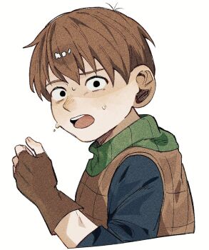 0a_9_(pixiv82791714) 1boy black_shirt blush brown_gloves brown_hair brown_vest chilchuck_tims cowlick cropped_torso dungeon_meshi fingerless_gloves gloves looking_at_viewer male_focus nose_blush open_mouth shirt short_hair solo sweatdrop upper_body vest white_background wide-eyed