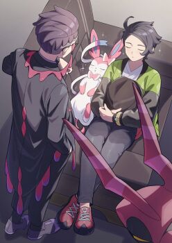2boys amakara000 black_hair black_pants bracelet chair closed_eyes closed_mouth coat commentary_request corbeau_(pokemon) gen_5_pokemon gen_6_pokemon glasses green_jacket hat highres jacket jewelry long_sleeves male_focus multiple_boys nintendo pants paxton_(pokemon) pokemon pokemon_(creature) pokemon_legends:_z-a red_shoes scolipede shoes short_hair sitting_sideways sleeping sparkle standing sylveon unworn_hat unworn_headwear