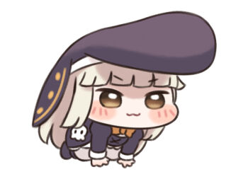 1girl :3 blush_stickers brown_eyes chibi commentary_request doyagao long_hair meme nipruku pompadour smug solo speaki_(trickcal) speakiposting_(meme) trickcal white_background