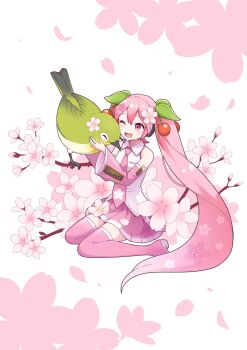 Rule 34 | 1girl, animal, bare shoulders, bird, blush, boots, cherry blossom print, cherry blossoms, cherry hair ornament, collared shirt, commentary request, detached sleeves, falling petals, floral print, food-themed hair ornament, full body, green bird, hair ornament, hatsune miku, headset, highres, long hair, long sleeves, looking at viewer, miniskirt, necktie, ohu (kagemaru), one eye closed, open mouth, petals, pink boots, pink eyes, pink hair, pink necktie, pink skirt, pink sleeves, pleated skirt, sakura miku, shirt, simple background, skirt, sleeveless, sleeveless shirt, smile, solo, thick thighs, thigh boots, thighhighs, thighs, twintails, very long hair, vocaloid, white background, wide sleeves, zettai ryouiki