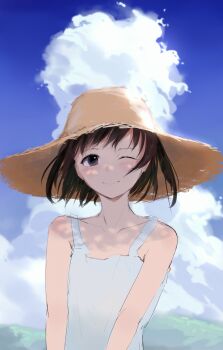 Rule 34 | 1girl, 73suke, absurdres, alternate costume, alternate hairstyle, black hair, breasts, brown eyes, brown hat, commentary request, hair down, hat, highres, kantai collection, naka (kancolle), one eye closed, short hair, small breasts, solo, straw hat, sun hat, tank top, upper body, white tank top