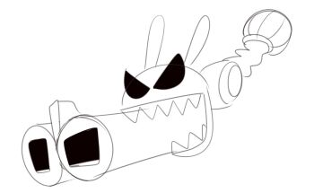 Rule 34 | angry, animal ears, armor, digimon, digimon adventure, double-barreled shotgun, gun, holding, holding weapon, jax (the amazing digital circus), lineart, no humans, rabbit ears, sharp teeth, shotgun, shoulder armor, simple background, tagme, teeth, the amazing digital circus, the galactabee, weapon, white background
