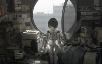 1girl 3d :/ absurdres amplifier android barcode bed black_hair blanket blunt_bangs book book_stack bookshelf box breasts building cable colored_skin computer crt cyberpunk day electrical_outlet artistic_error feet_out_of_frame grey_theme groin highres humanoid_robot indoors computer_keyboard legs_together looking_at_viewer medium_breasts messy_room monitor navel no_nipples novelance nude on_bed open_window original paper photoshop_(medium) red_eyes revision robot round_window scenery short_hair sitting solo torn white_skin window