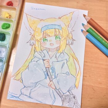 1girl absurdres alternate_costume animal_ears arknights art_tools_in_frame bag blonde_hair blue_hairband fox_ears fox_girl green_eyes hairband haru_(aona1122) highres hood long_hair solo suzuran_(arknights) traditional_media