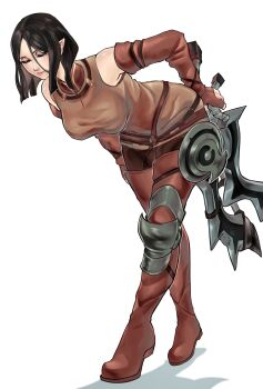 1girl absurdres arioch_(drag-on_dragoon) bent_over black_hair blunt_ends boots breasts closed_mouth commentary drag-on_dragoon drag-on_dragoon_1 full_body hair_between_eyes half-closed_eyes highres holding holding_weapon large_breasts pink_lips pointy_ears red_boots simple_background smile solo standing weapon white_background zorb11s