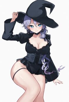 1girl absurdres black_choker black_dress black_hat blue_eyes bright_pupils chideno choker collarbone corset dress earrings grey_hair hat highres hoop_earrings jewelry long_sleeves phase_connect second-party_source shisui_michiru short_dress solo virtual_youtuber white_background white_pupils witch_hat