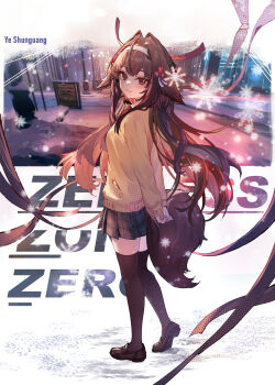 Rule 34 | 1girl, alternate costume, animal ear fluff, animal ears, arms behind back, black shoes, blush, brown cardigan, brown hair, brown tail, brown thighhighs, cardigan, character name, closed mouth, clover, clover hair ornament, commentary, copyright name, droopy ears, english commentary, from side, full body, hair ornament, hairband, highres, long hair, looking at viewer, mashaer, plaid clothes, plaid skirt, red eyes, school uniform, shoes, skirt, smile, snow, snowflakes, snowing, solo, standing, tail, thighhighs, very long hair, white hairband, ye shunguang, zenless zone zero