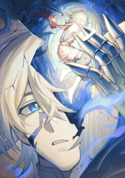 2boys absurdres black_pants black_shirt blonde_hair blue_eyes chinese_commentary clawed_gauntlets closed_eyes commentary_request cracked_skin flame_reaver_of_the_deepest_dark hadanugi_dousa highres honkai:_star_rail honkai_(series) male_focus multiple_boys mydei_(a_trail_of_bygone_blood)_(honkai:_star_rail) mydei_(honkai:_star_rail) official_alternate_costume open_kimono pants parted_lips partially_submerged phainon_(honkai:_star_rail) ripples shirt short_hair sleeveless sleeveless_shirt white_hair yixi5680