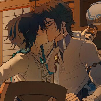 2boys arm_around_shoulder blush braid closed_eyes cropped earrings genshin_impact gradient_hair highres holding jewelry kallynnekmi kiss male_focus multicolored_hair multiple_boys shirt twin_braids venti_(genshin_impact) white_shirt yaoi zhongli_(genshin_impact)