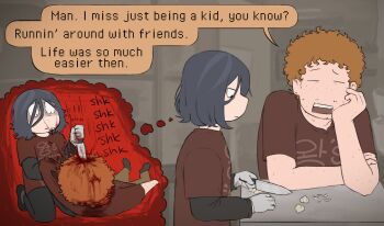 1boy 1other angel_martinez arm_freckles blood body_freckles brandon_hoff clinical_trial_(game) corpse death freckles guro highres homunculus100 murder speech_bubble stab thought_bubble toon_(style) wang&#039;s_kitchen_&amp;_bakery_uniform