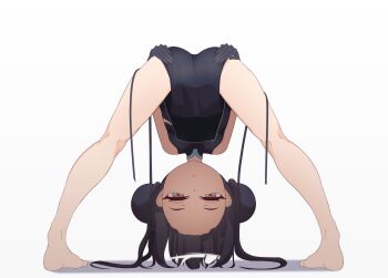 1girl bare_legs barefoot bent_over black_dress black_gloves black_hair blue_archive closed_mouth dbm dot_nose dress eyelashes female_focus flat_chest from_behind gloves grabbing_own_ass grey_eyes highres kisaki_(blue_archive) legs_apart loli long_hair looking_at_viewer looking_back serious simple_background sleeveless sleeveless_dress solo standing white_background