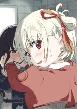 2girls absurdres akataka3 black_hair blonde_hair blue_dress blush caught closed_mouth commentary dress hair_ribbon hand_on_another&#039;s_face highres indoors inoue_takina lycoris_recoil lycoris_uniform multiple_girls nishikigi_chisato open_mouth purple_eyes red_dress red_eyes red_ribbon ribbon short_hair sweat yuri