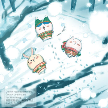 3others :3 absurdres animal_ears artist_name blush_stickers cat_ears chibikemo chiikawa chiikawa_(character) christmas_sweater closed_eyes closed_mouth commentary_request footprints furry green_hat green_mittens hachiware_(chiikawa) happy hat highres lying mittens moromi_(kscd4482) multiple_others on_back open_mouth rabbit_ears rabbit_tail red_scarf scarf snow snow_angel snowing sweater tail twitter_username usagi_(chiikawa) watermark winter winter_clothes