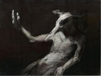 1boy animal_skull bird_boy bird_skull black_background commentary_request completely_nude cowboy_shot furry furry_male greyscale hand_up horns long_hair male_focus monochrome nagabe nude original simple_background skull_head solo