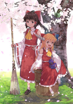 2girls ascot blush bobby_socks broom brown_hair brown_shoes bucket cherry_blossoms collar comiket_100 commentary cosplay detached_sleeves falling_petals frilled_collar frilled_hair_tubes frills gourd hair_tubes hakurei_reimu hakurei_reimu_(cosplay) haniwa_(leaf_garden) highres holding holding_broom holding_gourd horns ibuki_suika japanese_clothes loafers looking_at_viewer miko multiple_girls oni orange_hair outdoors petals ponytail red_skirt red_vest sandals shirt shoes sitting skirt skirt_set sleeveless sleeveless_shirt smile socks standing touhou tree vest white_shirt white_socks wooden_bucket yellow_ascot zouri