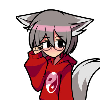 Rule 34 | 1girl, adjusting eyewear, animal ears, anime coloring, black eyes, blush, brown-framed eyewear, closed mouth, commentary, ears down, english commentary, fox ears, fox girl, fox tail, frown, hair between eyes, highres, hood, hood down, hoodie, long sleeves, original, print hoodie, puffy long sleeves, puffy sleeves, red hoodie, rhythm pagi, semi-rimless eyewear, shy, simple background, sleeves past wrists, solo, tail, under-rim eyewear, upper body, white background, yin yang, yin yang print