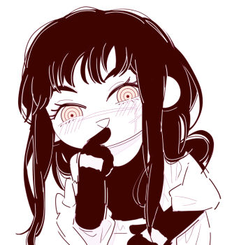 1girl blush chainsaw_man chibi chibi_only deer60868637 elbow_gloves facial_scar gloves index_finger_raised jacket long_hair looking_at_viewer monochrome ringed_eyes scar scar_on_cheek scar_on_face scar_on_nose solo tank_top yoru_(chainsaw_man)