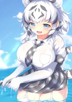 1girl absurdres animal_ears black_hair blue_eyes blush breasts elbow_gloves extra_ears garter_straps gloves highres kemono_friends kemono_friends_3 large_breasts looking_at_viewer multicolored_hair necktie ocean open_mouth partially_submerged plaid_clothes plaid_necktie plaid_sleeves plaid_trim print_thighhighs shiratsuki_(cpmk8242) shirt short_hair skirt solo tail thighhighs tiger_ears tiger_girl tiger_tail two-tone_hair wet wet_clothes white_hair white_tiger_(kemono_friends) white_tiger_print