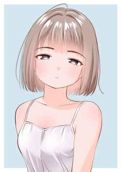 Rule 34 | 1girl, black eyes, breasts, brown hair, grey background, looking at viewer, medium hair, original, shirt, simple background, small breasts, upper body, white shirt, yamanaka kouji (yanchiki2001)