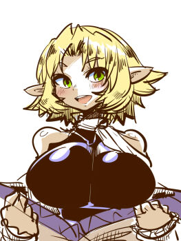 1girl black_shirt blonde_hair blush breasts commentary_request cookie_(touhou) green_eyes highres itini-sanshi joker_(cookie) large_breasts looking_at_viewer mizuhashi_parsee open_mouth pointy_ears scarf shirt short_hair simple_background sleeveless sleeveless_shirt smile solo touhou undershirt upper_body white_background white_scarf