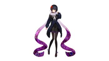 1girl anklet black_hair black_pantyhose black_serafuku black_skirt blue_cardigan blue_jacket breasts cardigan choker clogs closed_mouth flower hair_flower hair_ornament highres jacket jewelry long_sleeves mole mole_under_eye neckerchief non-web_source off_shoulder official_art open_cardigan open_clothes pantyhose pleated_skirt ribbon_choker ring scarf school_uniform serafuku short_hair skirt smile solo standing takanashi_sayo tokyo_necro_suicide_mission white_neckerchief yellow_eyes