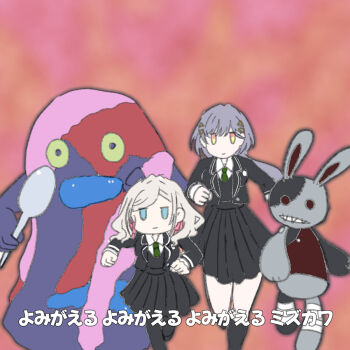 Rule 34 | 2girls, artistic error, black jacket, black pantyhose, black skirt, black sweater vest, blazer, blue eyes, ceras yanagida lilienfeld, edel note, green necktie, grey hair, hair ornament, hair ribbon, holding, holding spoon, jacket, jellyfish cut, katsuragi izumi, link! like! love live!, long hair, looking at viewer, love live!, miniskirt, mizukawa school uniform, multiple girls, navyblue konjac, necktie, open clothes, open jacket, open mouth, orange background, orange eyes, pantyhose, pink ribbon, pleated skirt, ribbon, running, school uniform, skirt, spoon, stuffed animal, stuffed rabbit, stuffed toy, subtitled, sweater vest, translation request, triangle hair ornament, virtual youtuber