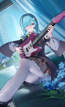 1girl absurdres aqua_hair aqua_nails arrow_hair_ornament black_dress black_jacket blue_eyes closed_mouth commentary dress highres i.r.i.s._(wuthering_waves) indoors jacket knees_up medium_hair nail_polish pantyhose sitting smile solo white_pantyhose wuthering_waves yuhezi