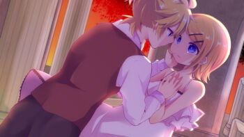 1boy 1girl adolescence_(vocaloid) aoi_choko_(aoichoco) bare_shoulders blonde_hair blue_eyes brother_and_sister camisole dress dusk dutch_angle eye_contact frilled_dress frills hair_ornament hairclip hand_on_another&#039;s_face incest kagamine_len kagamine_rin looking_at_another pillar short_hair siblings sleeveless_blazer sleeveless_jacket twincest twins vocaloid