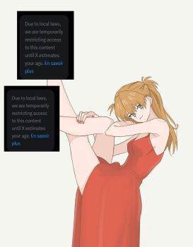 Rule 34 | 1girl, andreypavlow, bare legs, bare shoulders, blue eyes, breasts, brown hair, censored, censored feet, commentary, crossed legs, dress, english commentary, grey background, hand on own leg, highres, invisible chair, leaning back, legs, legs up, long dress, long hair, looking at viewer, meme, neon genesis evangelion, orange nails, pool's closed (meme), red dress, simple background, sitting, sleeveless, sleeveless dress, small breasts, souryuu asuka langley, due to local laws, two side up