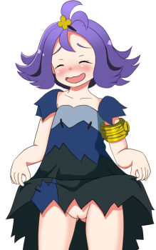 Rule 34 | 10s, 1girl, acerola (pokemon), armlet, blush, cleft of venus, clitoris, clothes lift, collarbone, cowboy shot, cupala (8492ace), dress, dress lift, elite four, embarrassed, female focus, flat chest, gluteal fold, hair ornament, holding, holding unworn clothes, holding unworn dress, jewelry, lifting own clothes, multicolored dress, nintendo, no panties, pokemon, pokemon sm, purple hair, pussy, short sleeves, simple background, solo, standing, trial captain, uncensored, white background