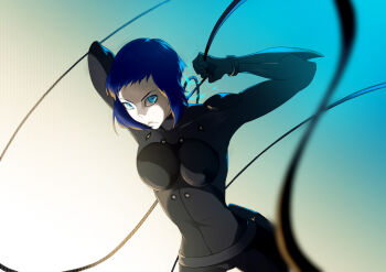 1girl blue_eyes blue_hair bodysuit cable electricity female_focus ghost_in_the_shell ghost_in_the_shell_arise hikaru8090 kusanagi_motoko looking_at_viewer matching_hair/eyes plug short_hair solo