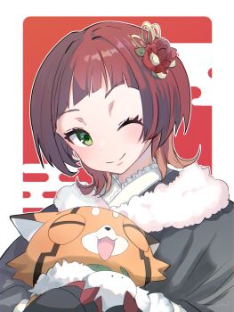 blush closed_eyes digimon digimon_(creature) digimon_beatbreak fang green_eyes happy highres mkz_dg one_eye_closed pristimon sakuya_reina short_hair smile wink
