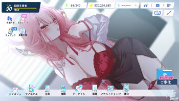 1girl absurdres arms_behind_back aru_(blue_archive) black_skirt blue_archive blush bra breasts commentary_request demon_girl demon_horns halo highres horns huge_breasts lace lace-trimmed_bra lace-trimmed_panties lace_trim leaning_forward looking_to_the_side open_clothes open_shirt panties panty_pull parted_lips pink_halo pussy_juice red_bra red_hair red_panties shirt skirt solo underwear white_shirt yellow_eyes z_shitei_ero