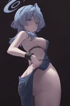 1girl absurdres ako_(blue_archive) ako_(dress)_(blue_archive) ass backless_dress backless_outfit bare_shoulders black_background blue_archive blue_dress blue_hair blue_halo blush breasts butt_crack cowboy_shot dress hair_between_eyes halo highres looking_at_viewer medium_hair no_bra no_panties official_alternate_costume open_mouth sideboob sideless_dress solo springrain_06 thighs