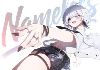 1girl absurdres ahoge bare_shoulders belt black_belt black_hair black_nails blue_eyes blush bracelet colored_inner_hair commentary earrings foreshortening from_below gosegu grey_shorts highres jacket jewelry korean_commentary looking_at_viewer multicolored_hair multiple_rings nail_polish navel off_shoulder ohun open_clothes open_mouth ring shirt short_hair short_shorts shorts smile solo thigh_strap virtual_youtuber waktaverse white_background white_hair white_jacket white_shirt