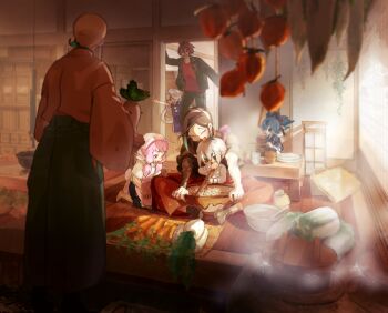 Rule 34 | 6+boys, ^ ^, black legwear, blue hair, bow, bowl stack, brown hair, carrot, character request, check character, closed eyes, cooking, day, facing away, food, fruit, grey hair, hair ribbon, hakama, hanging food, headdress, herb bundle, holding, holding food, hotarumaru, indoors, jacket, japanese clothes, kneeling, long hair, multicolored hair, multiple boys, napa cabbage, no shoes, on floor, otegine, persimmon, pink hair, ponytail, pot, radish, ribbon, sayo samonji, shelf, shirt, shizukagata naginata, sidelocks, sitting, slice of life, sliding doors, smile, standing, steam, stove, streaked hair, tabi, table, tomoegata naginata, touken ranbu, tress ribbon, waving, white shirt, wide sleeves, wooden floor, wooden table, yb (yb by)