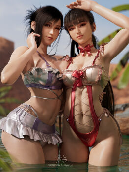 2girls 3d bikini billyhhyb black_hair blue_sky breasts cleavage crossover day eve_(stellar_blade) female_focus final_fantasy final_fantasy_vii final_fantasy_vii_rebirth final_fantasy_vii_remake highres large_breasts looking_at_viewer multiple_girls navel one-piece_swimsuit outdoors ponytail red_one-piece_swimsuit sky stellar_blade swimsuit tifa_lockhart tifa_lockhart_(shining_spirit) wading water white_bikini