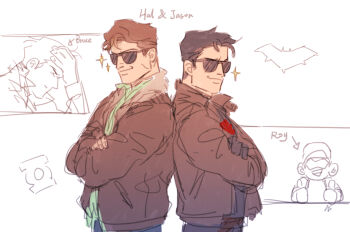 arsenal_(dc) bat_signal batman_(series) batman_symbol black_bodysuit black_hair bodysuit brown_jacket bruce_wayne covered_abs dc_comics gloves green_lantern green_lantern_(series) grey_bodysuit hal_jordan highres jacket jason_todd large_pectorals male_focus multicolored_bodysuit multiple_boys muscular muscular_male open_clothes pants pectorals power_ring_(green_lantern) red_hood_(dc) red_hood_and_the_outlaws roy_harper short_hair superhero_costume taut_bodysuit two-tone_bodysuit who_thehell_is