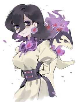 1girl black_hair breasts corset dress earrings fire hair_between_eyes hex_maniac_(pokemon) hex_maniac_(pokemon_legends:_z-a) high_collar hisuian_typhlosion jewelry juliet_sleeves long_hair long_sleeves medium_breasts neck_ribbon nintendo pearl_earrings pokemon pokemon_(creature) pokemon_legends:_z-a puffy_sleeves purple_corset purple_eyes purple_fire purple_ribbon raine_(acke2445) ribbon sphere_earrings yellow_dress