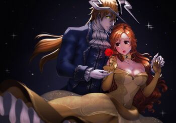 1boy 1girl ascot bare_shoulders beast_(disney) beast_(disney)_(cosplay) beauty_and_the_beast_(disney) belle_(disney) belle_(disney)_(cosplay) bleach blue_jacket breasts brown_eyes claws cleavage collarbone cosplay couple cowboy_shot dress elbow_gloves flower gloves gold_choker hair_between_eyes half_updo hetero highres holding holding_flower holding_hands horns inoue_orihime jacket kurosaki_ichigo large_breasts long_dress long_hair low_ponytail off-shoulder_dress off_shoulder orange_hair parted_lips ponytail red_flower red_rose rose rozuberry sparkle white_ascot yellow_dress yellow_eyes yellow_gloves