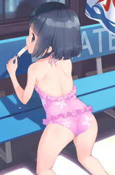 1girl ass bare_back bare_shoulders bench black_hair blue_eyes casual_one-piece_swimsuit eating female_focus floral_print food frilled_one-piece_swimsuit frills from_behind halterneck highres ice_cream kneeling kneepits loli looking_back makigai one-piece_swimsuit original outdoors pink_one-piece_swimsuit popsicle print_swimsuit short_hair solo swimsuit thighs