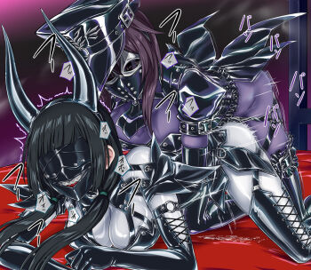 2girls black_gloves black_hair black_shrug black_thighhighs bodysuit brown_hair commission elbow_gloves fake_horns gloves hat highres horns implied_futanari implied_strap-on impossible_bodysuit impossible_clothes latex latex_bodysuit mask motion_blur motion_lines multiple_girls original peaked_cap purple_bodysuit pussy_juice ribimura sex shiny_clothes shrug_(clothing) skin_tight thighhighs white_bodysuit yuri