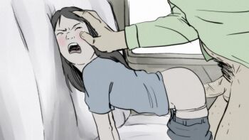 1boy 1girl age_difference all_fours ass black_hair blush closed_eyes clothed_sex couch doggystyle eyebrows facing_viewer forced from_side hand_on_another&#039;s_head hetero highres loli long_hair male_pubic_hair nose open_mouth panties panty_pull penis pubic_hair rape sex sex_from_behind shiny_skin short_sleeves solo_focus source_request tagme teeth temon testicles underwear upper_teeth_only veins veiny_penis white_panties window