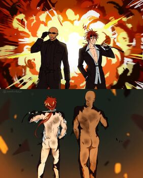 2boys 2koma adjusting_eyewear alexinoblivion arm_at_side artist_name ass back backlighting bald baton_(weapon) beard belt black_gloves black_jacket black_necktie black_pants black_shirt blue_eyes breast_pocket buttons closed_mouth collarbone collared_shirt comic cowboy_shot dark-skinned_male dark_skin dirty embers explosion eyewear_on_head facial_hair facing_away final_fantasy final_fantasy_vii fingerless_gloves formal_clothes gloves hair_between_eyes hand_in_pocket hand_up highres holding holding_weapon jacket kneepits legs long_hair long_sleeves looking_afar male_focus multiple_boys multiple_views mustache necktie open_clothes open_jacket open_shirt over_shoulder pants pectorals pocket pocket_square ponytail red_hair reno_(ff7) rude_(ff7) shirt signature spiked_hair standing stun_baton suit sunglasses torn_clothes torn_jacket torn_pants torn_shirt twitter_username v-shaped_eyebrows weapon weapon_over_shoulder white_shirt