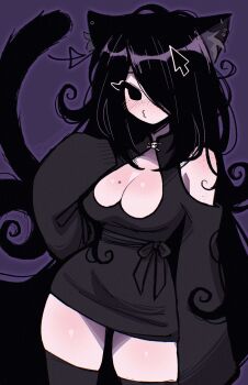 Rule 34 | 1girl, absurdres, animal ear fluff, animal ears, bare shoulders, black dress, black eyes, black hair, black sash, black thighhighs, blush, breasts, cat ears, cat girl, cat tail, character request, cleavage, cleavage cutout, closed mouth, clothing cutout, commentary, copyright request, curly hair, cursor hair ornament, dress, ear piercing, english commentary, hair over one eye, highres, large breasts, long hair, long sleeves, megrocks, mole, mole on breast, nose blush, pencil dress, piercing, puckered lips, purple background, sash, simple background, skull ornament, sleeves past fingers, sleeves past wrists, solo, swept bangs, tail, thighhighs, upper body, very long hair, zettai ryouiki