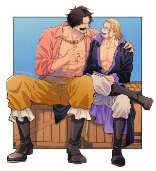 Rule 34 | 2boys, bare pectorals, black boots, black coat, black hair, boots, border, brown pants, coat, commentary request, crossed legs, facial hair, facing another, full body, glasses, gol d. roger, hand on another's shoulder, handlebar mustache, happy, male focus, multiple boys, muscular, muscular male, mustache, one piece, open mouth, pants, pectorals, pointing, pointing at another, popped collar, rrrhigemegane, short hair, shredded muscles, silvers rayleigh, sitting, white border, white pants
