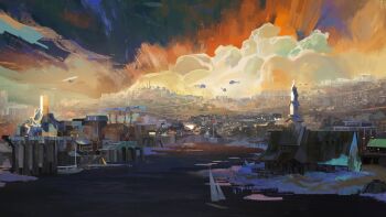 absurdres aircraft aleksander_rostov boat building cityscape cloud cloudy_sky disco_elysium dock factory helicopter highres house in-universe_location no_humans non-web_source river sailboat scenery sky sunrise very_wide_shot watercraft