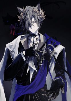 Rule 34 | 1boy, absurdres, animal, animal ear fluff, animal ears, arknights, black background, black cat, black gloves, black jacket, blue eyes, brown eyes, cat, closed mouth, collarbone, commentary request, gloves, hair over one eye, hand up, highres, jacket, looking at viewer, male focus, phantom (arknights), signature, solo, tragodia (arknights), upper body, utuuturol, watermark