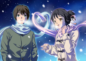 Rule 34 | 10s, alternate costume, black hair, brown eyes, coat, commentary request, green eyes, hair ribbon, heart, kimi no na wa., maki aida factor, miyamizu mitsuha, open mouth, red ribbon, ribbon, scarf, smile, tachibana taki